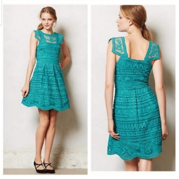 Anthropologie Dresses & Skirts - Anthropologie Yoana Baraschi New Light Dress 2 Fit Flare Teal Green Ribbon Lace